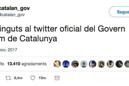 La primera piulada del nou Twitter oficial del Govern de Puigdemont.