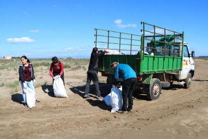 Pla obert del camió que transporta les bosses de brossa trobada a la platja dels Eucaliptus d'Amposta en la campanya 'Per un Delta Net'. Imatge del 12 de març de 2017