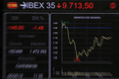 Una pantalla del interior de la Bolsa muestra un gráfico con la evolución del IBEX 35