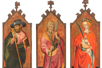 Las pinturas de Sant Tomás apóstol, Sant Jaume apóstol y Santa Llúcia, que salen a subasta por 210.000 euros iniciales.