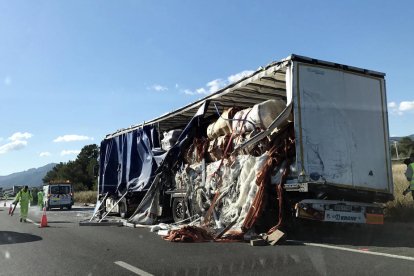 Pla general d'un dels camions implicats en l'accident de l'A-7 a Mont-roig del Camp el 14 de novembre del 2016