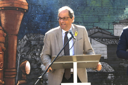 El president de la Generalitat, Quim Torra, durant el seu parlament al nou parc U d'octubre de Juneda, inaugurat aquest dissabte.