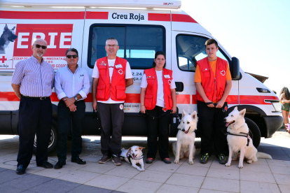 Imatge dels voluntaris de la Creu Roja i els gossos de la unitat canina EIRE que han participat en el simulacre.