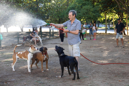 Uno de los usuarios limpiando el espacio dedicado a perros con una manguera que han adquirido con sus recursos económicos.