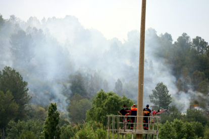 Plano cerrado de unos trabajadores de la papelera de Alcover, observando la humareda de un incendio en Picamoixons (Alt Camp), el 30 de mayo del 2017