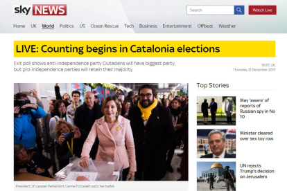 Pàgina web de la cadena Sky News amb un seguiment en directe dels resultats del 21-D.