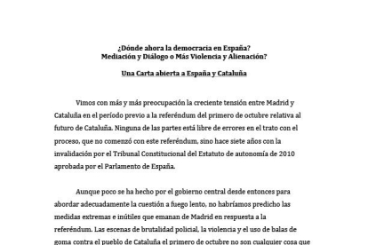 Carta redactada por 24 premios Nobel haciendo un llamamiento por los conflictos entre Cataluña y España.