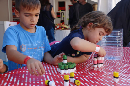 Pla mig de dos nens jugant a apilar taps com si siguin castells, durant la Fira Castells. Imatge del 21 d'octubre de 2017