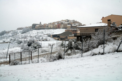 Imatge d'Horta de Sant Joan amb la nevada del passat dimarts.