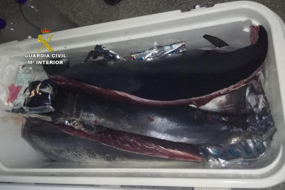 Imatge de part de la tonyina trossejada intervinguda per la Guàrdia Civil.