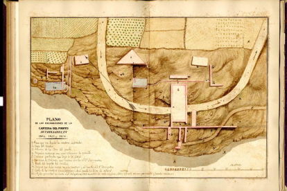 Plano de la pedrera realitzat per l'arqueòleg tarragoní entre els anys 1853 i 1856 i dibuix d'elements d'una fontana.
