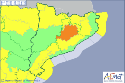 Mapa de Catalunya sobre els riscos meteorològics d'aquest dilluns 19 de març.