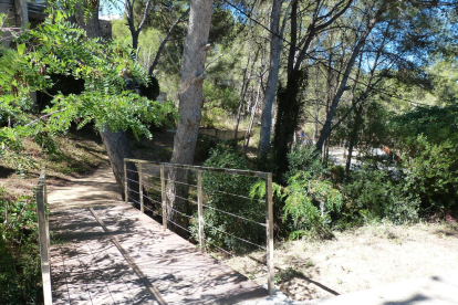L'ajuntament ha ubicat un pont de fusta per adequar el camí del bosc