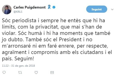 Imatge d'un dels tuits que ha fet Puigdemont aquest matí.