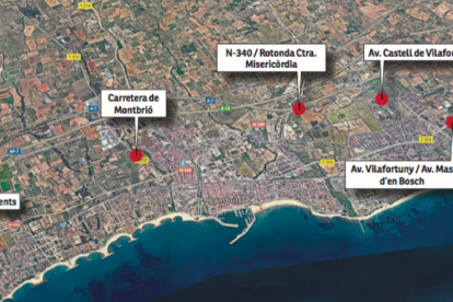 Mapa amb la ubicació de les sis càmeres, que estaran als accessos principals de Cambrils i tres d'elles s'instal·laran a Vilafortuny.
