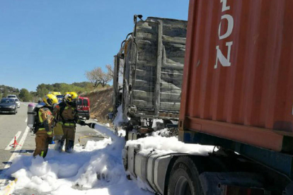 Un camió carregat d'àcid s'incendia a l'N-420 a Caseres