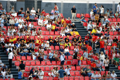 Varios espectadores del acto inaugural de los Juegos Mediterráneos exhibiendo banderas españolas.