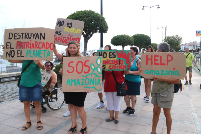 Pla general d'un grup de manifestants amb cartells reivindicatius durant la protesta en defensa de l'Amazònia que s'ha organitzat a Cambrils. Imatge de l'1 de setembre del 2019 (Horitzontal).