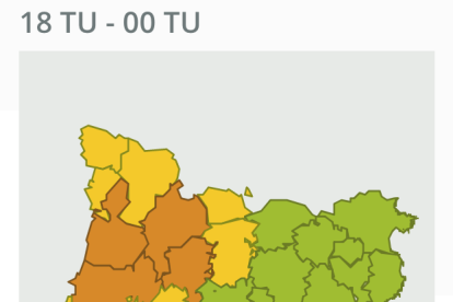 Mapa de la previsión de lluvias de las 18h a las 00h, con el Tarragonès y el Baix Camp en alerta naranja por peligro alto.