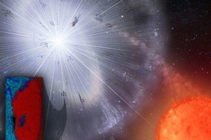 El grano de polvo fue lanzado por una estrella que explotó antes del nacimiento del Sistema Solar. Su análisis reveló grafito rico en carbono (rojo) con material rico en oxígeno (azul).