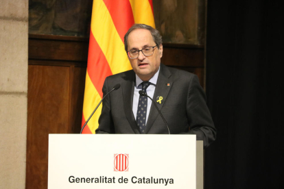 El presidente, Quim Torra, durante el acto en el Salón Sant Jordi de la Generalitat.