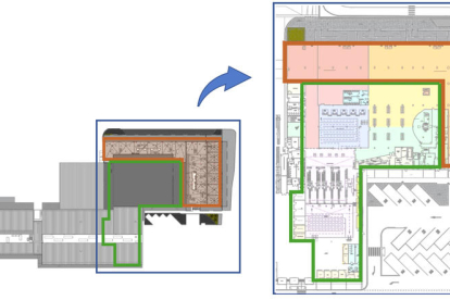 Remodelació de la zona de sortides. En verd la remodelació d'espais actuals i en vermell, l'ampliació