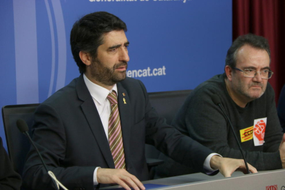 El conseller de Polítiques Digitals i Administració Pública, Jordi Puigneró, en roda de premsa al departament de Treball.
