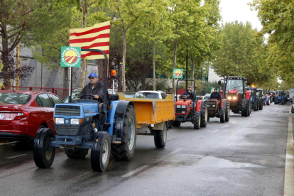 La filera de tractors que s'han manifestat pels preus baixos de l'avellana, al seu pas pel polígon Agroreus.