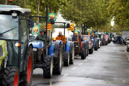 Una filera de tractors al polígon Agroreus durant la protesta dels pagesos de la fruita seca.