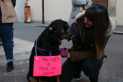 Una manifestat i el seu gos amb un cartell reivindicatiu en la protesta per la mort d'un rottweiler abatut per la Policia Local de Calafell.