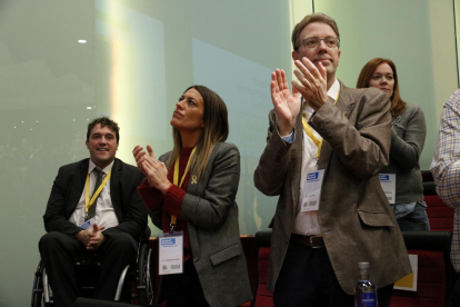 El president del PDeCAT, David Bonvehí; la vicepresidenta del partit, Míriam Nogueras, i el diputat al Congrés Ferran Bel al consell nacional.