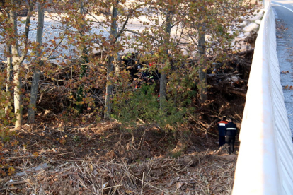 Un grupo de Bombers trabajando entre los árboles, en el cauce del río Francolí, para retirar los restos localizados, bajo el puente de la N-240 en Montblanc.