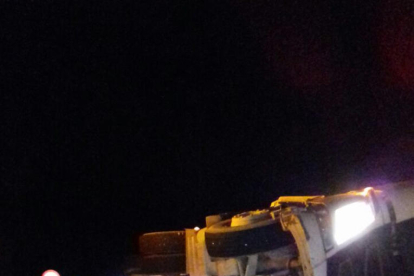 Imagen del camión que transportaba cerdos volcado en la N-230B.