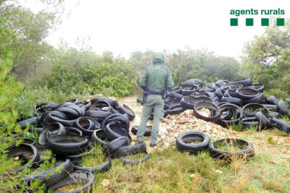 Imagen del vertedero ilegal localizado en Creixell, con una gran cantidad de neumáticos.