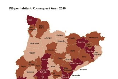 Dades del PIB per habitant a les comarques de Catalunya i l'Aran el 2016.