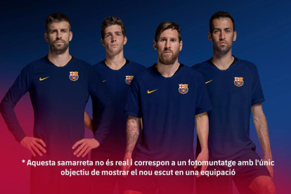 Muntatge fictici de jugadors del Barça amb el nou escut a la samarreta.