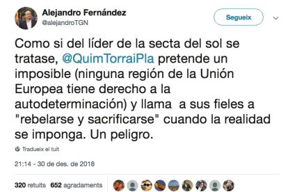 La piulada d'Alejandro Fernández, president del PPC, reaccionant al discurs de Cap d'Any de Torra.