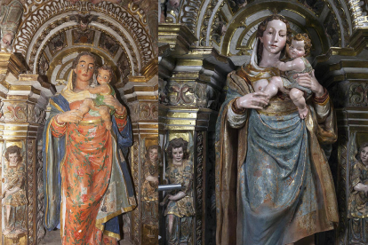 La imagen de la virgen, antes y después de la restauración.