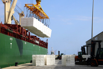 Descarga de numerosos bloques|blocs de pasta de papel en el muelle de Cantabria del puerto de Tarragona.