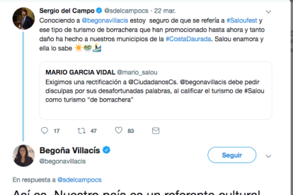 Captura de los tuits de Sergio del Campo y Begoña Villacís.