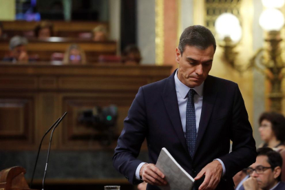 El president del Govern en funcions i candidat socialista, Pedro Sánchez, durant la segona jornada del debat d'investidura.