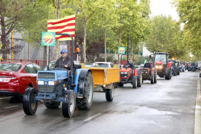 Imatge d'arxiu de tractors manifestant-se pels preus baixos de l'avellana, al seu pas pel polígon Agroreus.