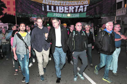 Imatge de la capçalera a la sortida de Tarragona, on van ser-hi presents el conseller Damià Calvet, el candidat de JxCat Ferran Bel, l'alcalde Pau Ricomà i el delegat del Govern, Òscar Peris.