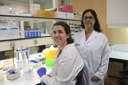 La doctora María José Buzón, del Grupo de Enfermedades Infecciosas de la Vall d'Hebron Instituto de Investigación (VHIR) (derecha), con otra investigadora del equipo, Laura Luque (sentada), en el laboratorio.