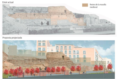 Recreació de l'estat actual i del projecte de reforma de l'àmbit del tram inicial de la muralla de Sant Antoni de Valls. Imatge del 17 d'abril del 2019 (Horitzontal).