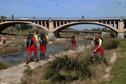 Pla obert dels membres dels cossos d'emergència que treballen en el cinquè dia del dispositiu de recerca dels quatre desapareguts pels aiguats en el tram sud del riu Francolí a Tarragona. Imatge del 27 d'octubre del 2019 (Horitzontal).