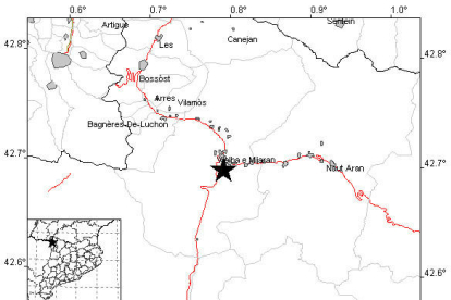 Mapa de l'ICGC on es pot veure amb una estrella l'epicentre del terratrèmol detectat a Vielha e Mijaran.