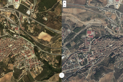 Imatge comparativa de l'Espluga de Francolí abans i després dels aiguats