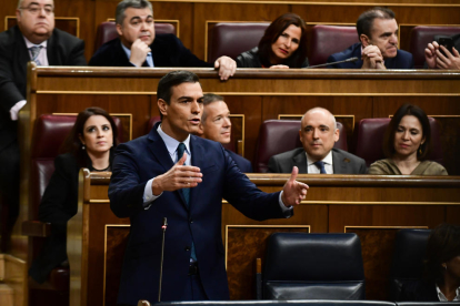 El president del govern espanyol en funcions i candidat a la investidura, Pedro Sánchez, intervenint des del seu escó