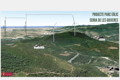 Plano general de una imagen cedida por el Ayuntamiento de Montblanc donde se muestra en qué punto el anteproyecto tiene previsto ubicar los aerogeneradores.